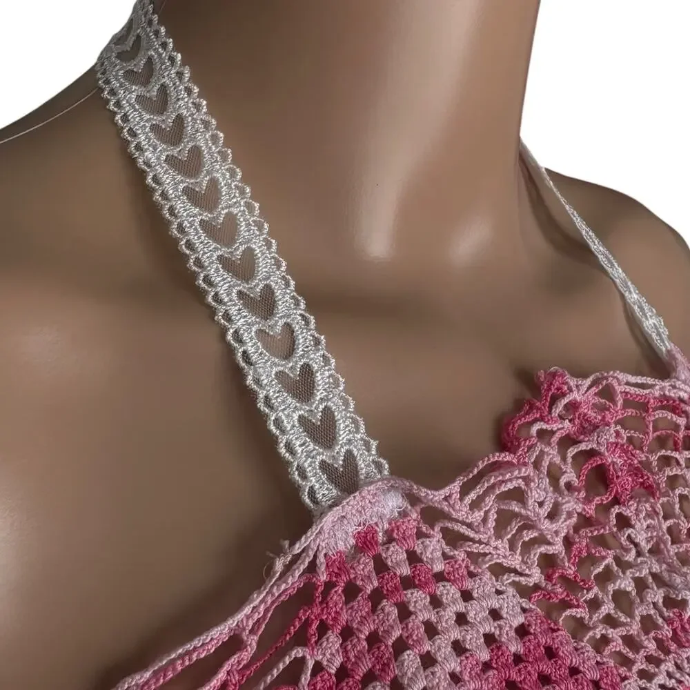 Upcycled Crochet Doily Cut Out Mini Dress Pink S Coquette Fairycore Boho Coastal